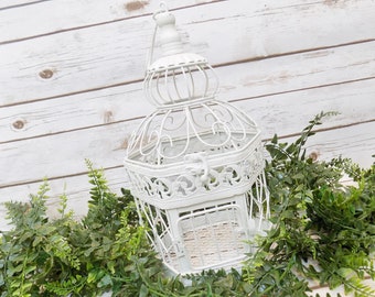 White Birdcage Home Decor | Rustic Shabby Vintage Style Decorations | Wedding Table Centerpiece | Table Decor | Home Accents