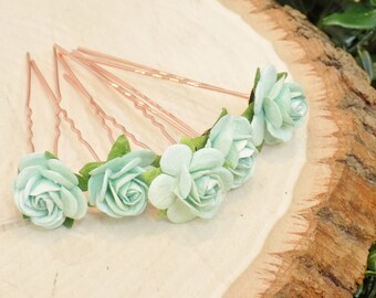 Rose Gold & Mint Green Wedding Hair Accessories | Paper Flower Hair Pins | Rose Gold Hair Piece | Bridal Party Accessories | Mint Hair Clip