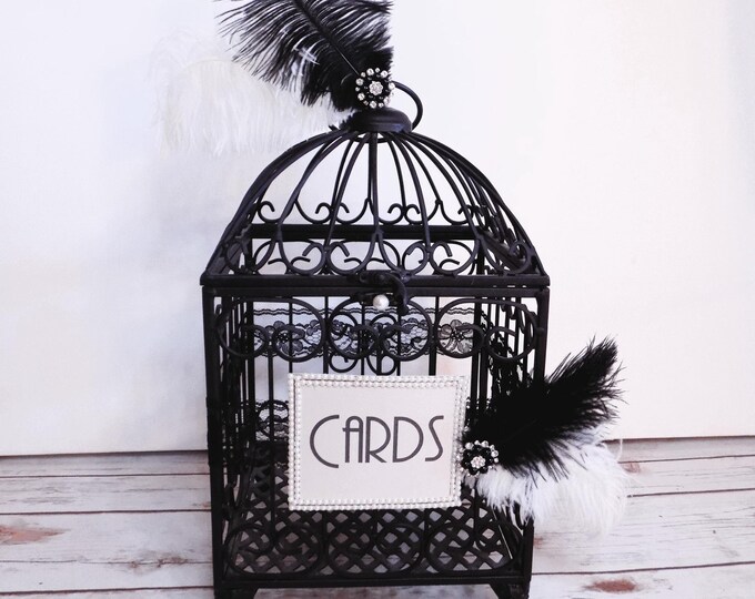 Gatsby Wedding Birdcage Card Holder Box With Feathers and Pearls ...