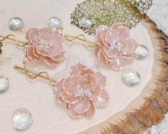 Blush Pink Floral Hair Pins | Blush Rose Wedding Hair Clips | Gold Bobby Pin | Bridal Party Accessories | Flowers for Hair | Bridesmaid Gift