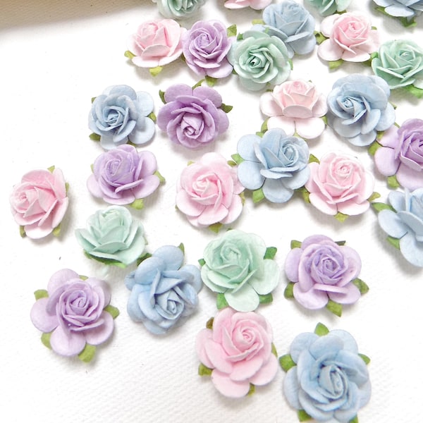 Set of 40 Mixed Pastel Color Mini Paper Roses | 3/4" Paper Flowers | Unicorn Craft Flowers | Light Pink, Light Blue, Mint Green, Lavender