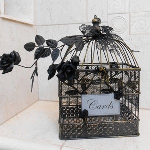 Gothic Black Rose Wedding Birdcage Card Holder | Wedding Card Box | Black and Gold Bird Cage for Wedding Cards | Halloween Wedding Decor