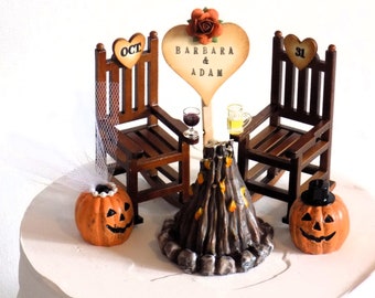 Halloween Jack-O-Lantern Pumpkin Campfire Wedding Cake Topper | Personalized Fall Cake Topper
