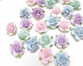 Set of 40 Mixed Pastel Color Mini Paper Roses | 3/4" Paper Flowers | Unicorn Craft Flowers | Light Pink, Light Blue, Mint Green, Lavender