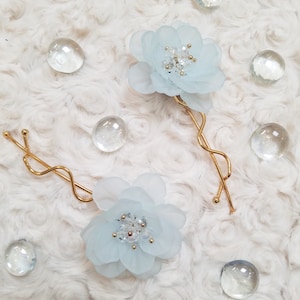 Floral Hair Pins | Light Blue Rose Wedding Hair Clips | Gold Bobby Pin | Bridal Party Accessories | Flowers for Hair | Something Blue