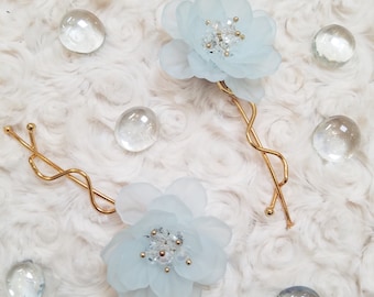 Floral Hair Pins | Light Blue Rose Wedding Hair Clips | Gold Bobby Pin | Bridal Party Accessories | Flowers for Hair | Something Blue