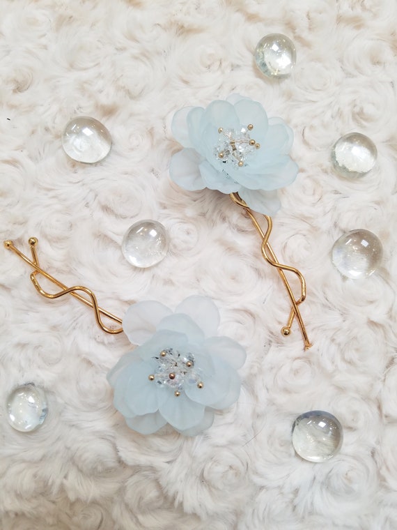 Floral Hair Pins | Light Blue Rose Wedding Hair Clips | Gold 