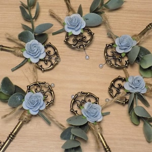 Skeleton Key Wedding Boutonniere Antique Victorian Style Wedding Accessories Eucalyptus and Rose Boutonniere Lapel Pins Groomsmen Gift image 3