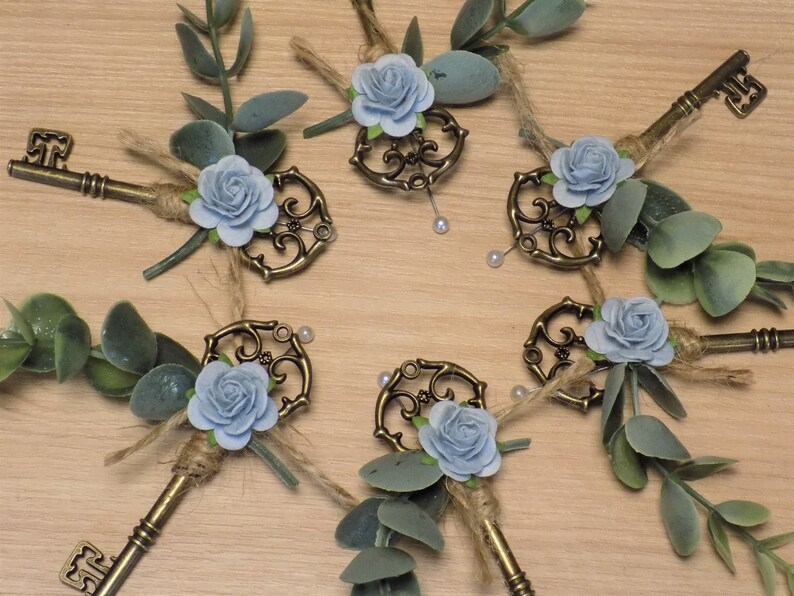 Skeleton Key Wedding Boutonniere Antique Victorian Style Wedding Accessories Eucalyptus and Rose Boutonniere Lapel Pins Groomsmen Gift image 3