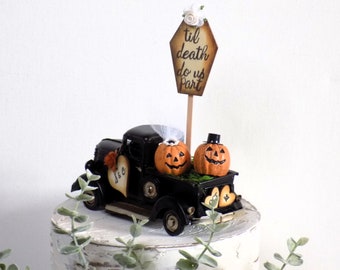 Vintage Style Halloween Pumpkin Truck Wedding Cake Topper | Personalized Fall Cake Topper | Jack-O-Lantern Wedding Decor