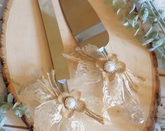 Burlap Lace and Pearls Wedding Cake Serving Set | Cake Knife | Rustic Wedding Decor | Stainless Steel Cake Cutting Set