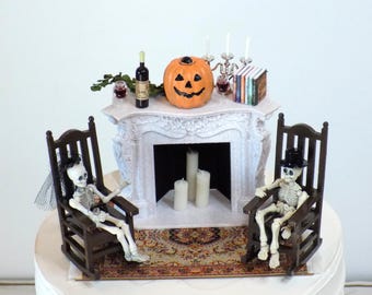 Halloween Pumpkin Skeleton Wedding Cake Topper Fireplace | Dark Academia Book Lovers | Goth Romance | Jack-O-Lantern