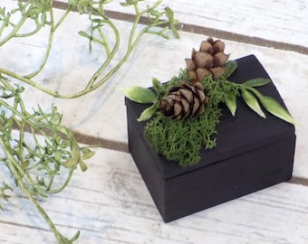 TINY Woodsy Goth Black Ring Box | Engagement Ring Box | Wood Wedding Ring Bearer Box | Forest Pinecone Moss Ring Pillow