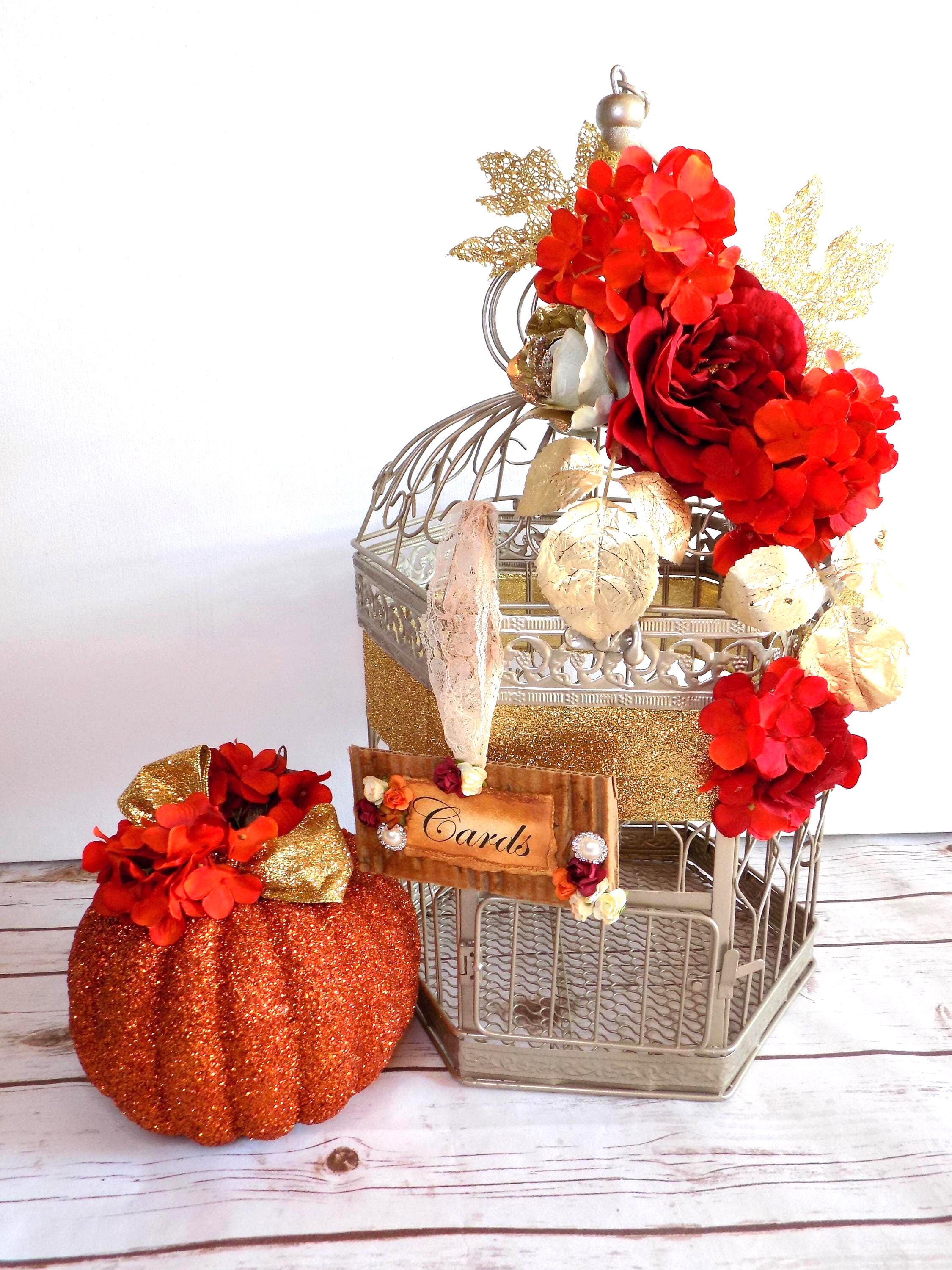 Gold Fall Birdcage Card Holder Box With Pumpkin | Wedding Reception ...
