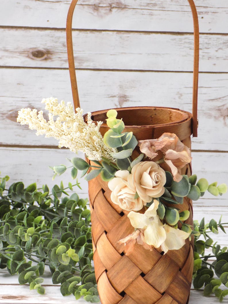 Boho Floral Flower Girl Basket Tall Skinny Brown Woven Wicker Basket