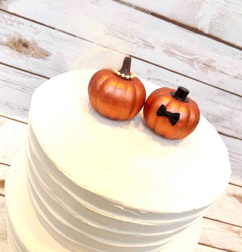 Fall Wedding Pumpkin Cake Topper Bride & Groom Pumpkins Miniature Pumpkin Wedding Cake Topper Autumn Wedding Decor Copper Pumpkins image 3