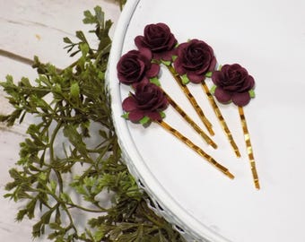 Burgundy and Gold Paper Flower Wedding Hair Pins | Gold Bobby Pins | Wedding Day Hair Accessories | Mini Paper Roses | Set of 5 Bobby Pins