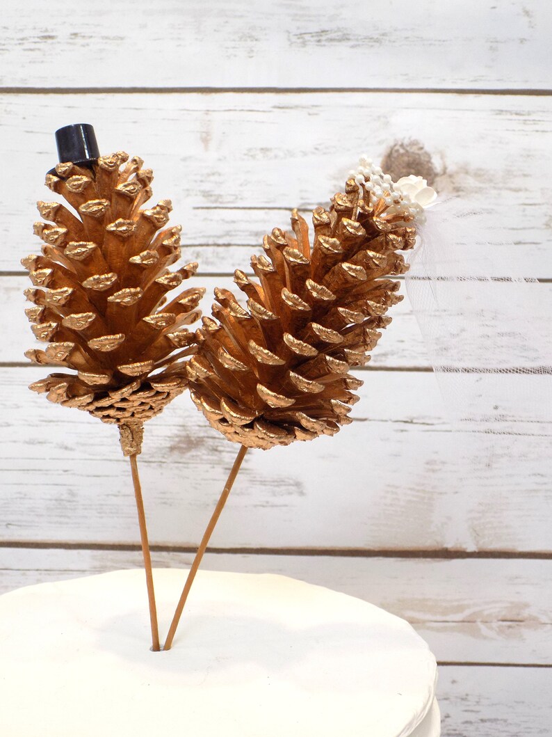 Bride & Groom Gold Pine Cone Wedding Cake Toppers Rustic Etsy