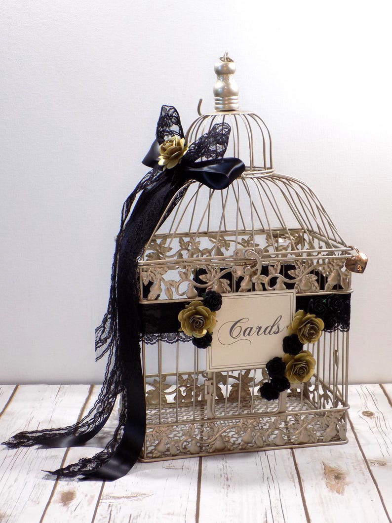 Large Champagne Gold Birdcage Card Holder With Lock and Key | Black and ...