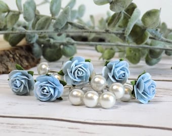 Pearl and Rose Hair Pins | Wedding Hair Accessories | Bridal Party Hair Pins | Something Blue | Set of 15 Pins