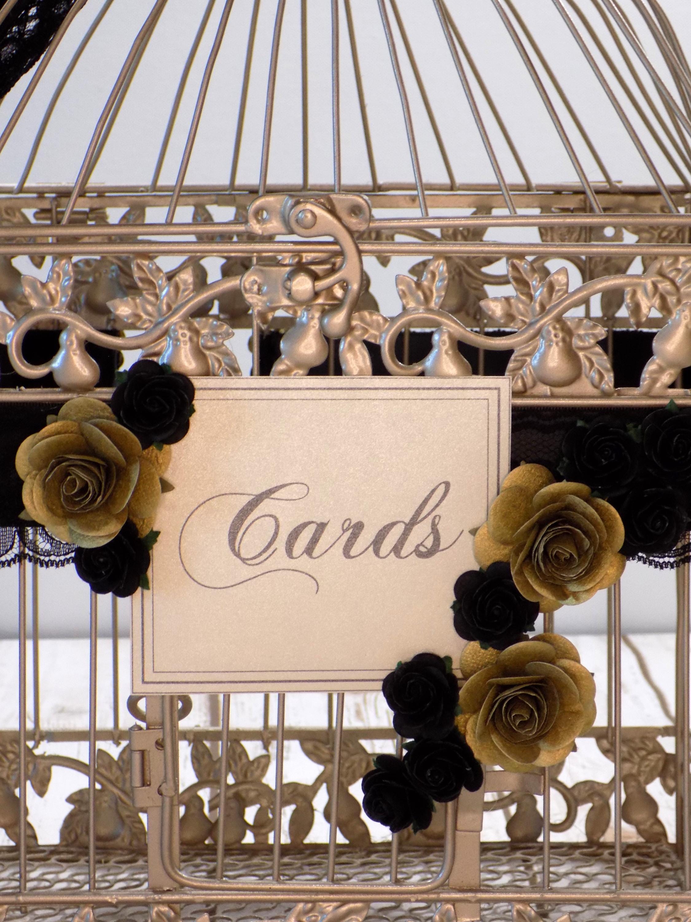 Large Champagne Gold Birdcage Card Holder With Lock and Key | Black and ...