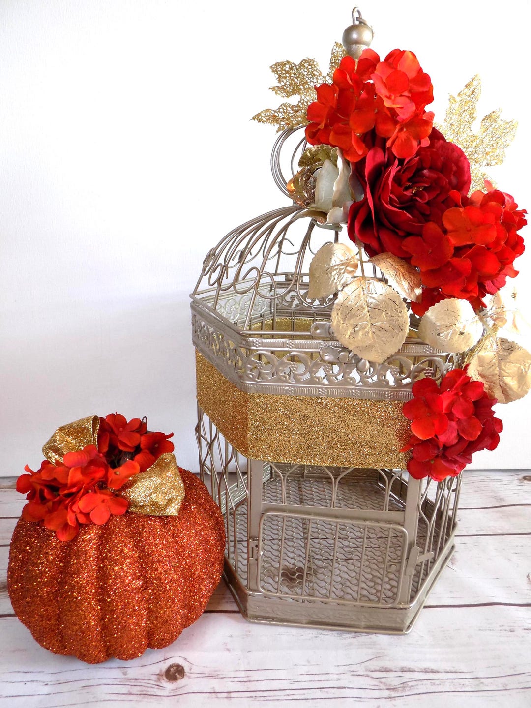 Gold Fall Birdcage Card Holder Box With Pumpkin | Wedding Reception ...