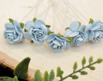 Something Blue Paper Flower Wedding Hair Pins | Set of 5 Light Blue Hair Flowers | Wedding Day Hair Accessories | Silver Bobby Pins