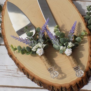 Lavender and Eucalyptus Wedding Cake Serving Set with Baby's Breath and Roses Spring Wedding Decor Floral Greenery Cake Knife and Server image 4