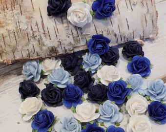 Shades of Blue Mini Paper Rose Flowers | Light Blue, Royal Blue, Navy, & White Paper Flowers | DIY Wedding Floral Embellishments | 3/4" Size