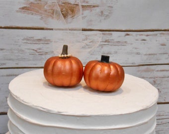Miniature Metallic Orange Pumpkin Wedding Cake Topper | Rustic Autumn Decor