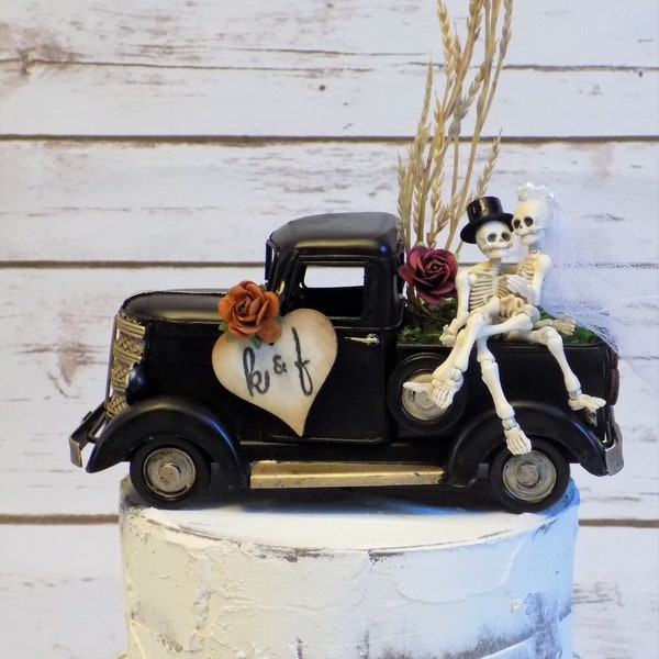 Décoration de gâteau de mariage squelette personnalisée | Décoration de mariage Halloween | Décoration de gâteau d'automne | Décoration de gâteau camion vintage rustique