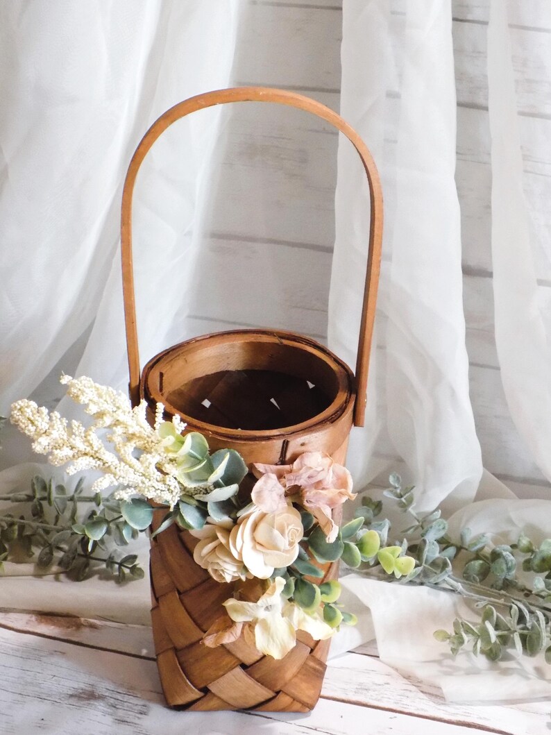 Boho Floral Flower Girl Basket Tall Skinny Brown Woven Wicker Basket