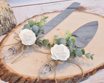 Rustic Eucalyptus Wedding Cake Serving Set | Cake Serving Knife | Rustic Wedding Decor | Cake Server Knife Set Wrapped in Twine