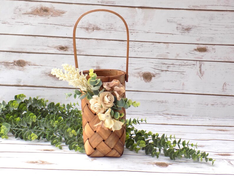 Boho Floral Flower Girl Basket Tall Skinny Brown Woven Wicker Basket