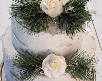 Winter Pine Wedding Cake Topper | Faux Greenery & Paper Roses | Cake Flowers
