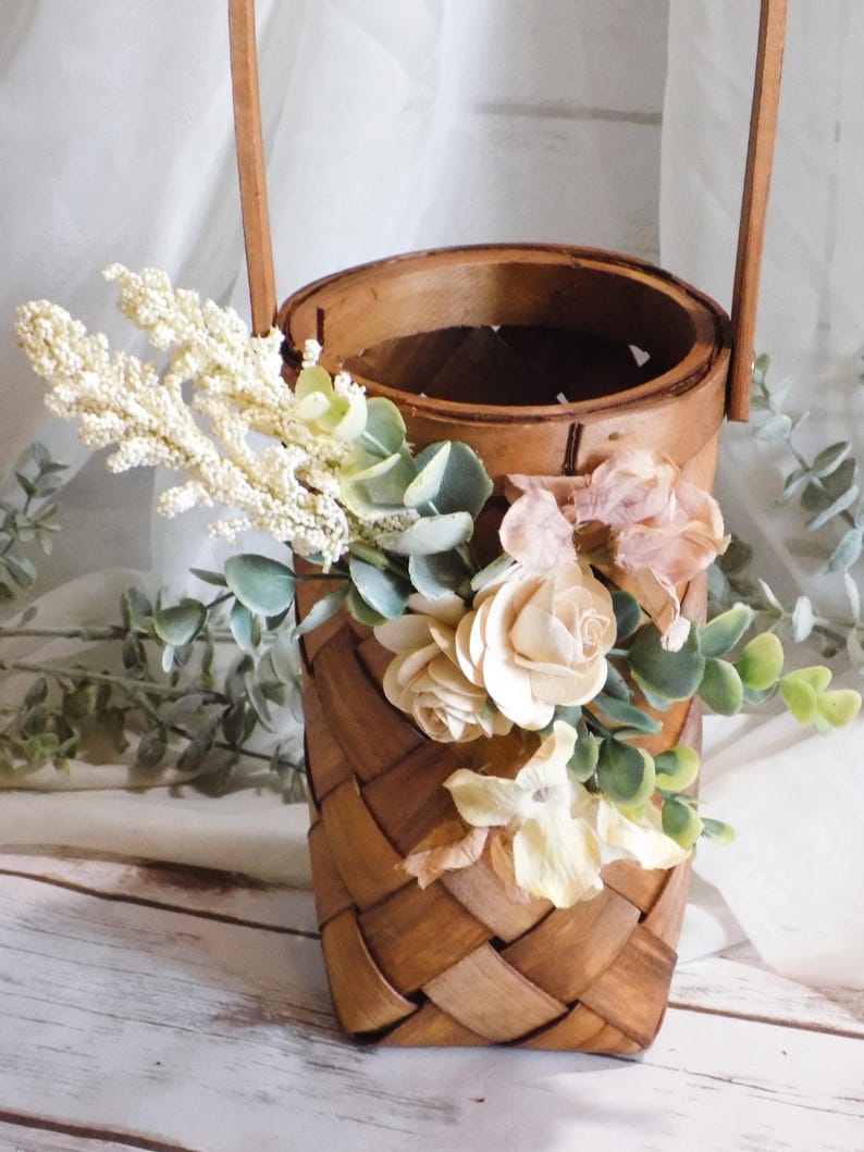 Boho Floral Flower Girl Basket Tall Skinny Brown Woven Wicker Basket