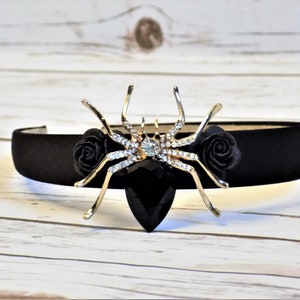 Rhinestone Spider Headband | Black Satin Head Band | Bridal Party, Flower Girl Hair Accessories | Victorian Gothic Halloween Weddings