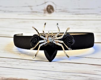 Rhinestone Spider Headband | Black Satin Head Band | Bridal Party, Flower Girl Hair Accessories | Victorian Gothic Halloween Weddings
