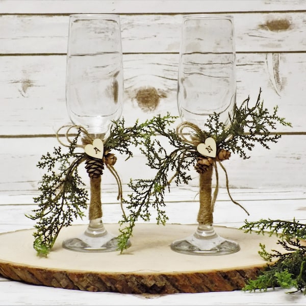 Rustic Winter Wedding Champagne Toasting Glasses | Personalized Champagne Flutes | Evergreen Wedding Table Decor | Pinecone Wedding Accents