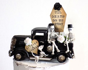 Skeleton Bride & Groom Couple with Dog Wedding Cake Topper | Personalized Vintage Truck | Fall Halloween Gothic Wedding Cake Topper