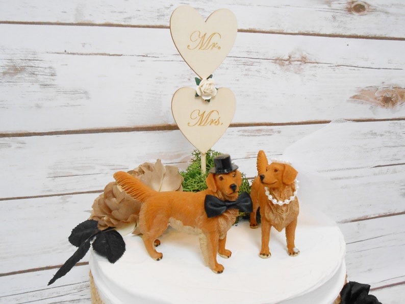 Golden Retriever Dog Couple Wedding Cake Topper Animal Cake Topper Family Pet Rustic Wedding Decor Dog Lover Backyard Wedding image 3