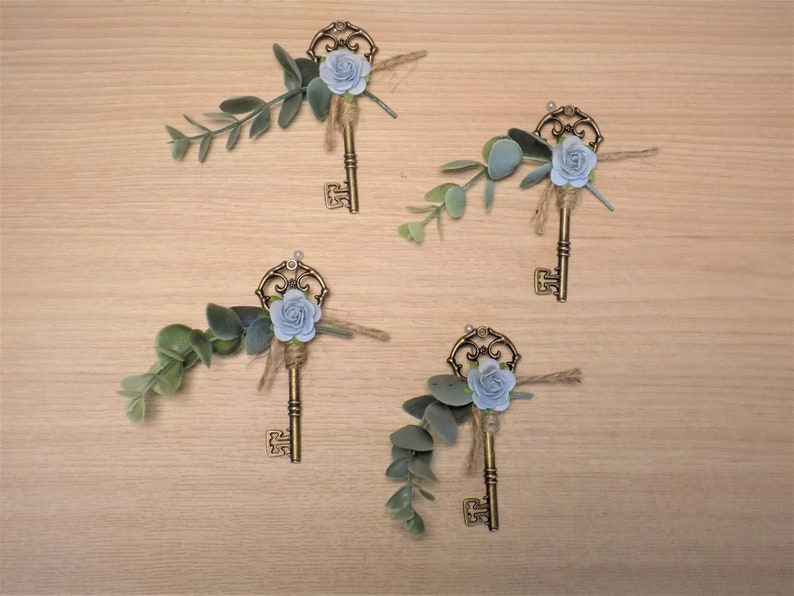 Skeleton Key Wedding Boutonniere Antique Victorian Style Wedding Accessories Eucalyptus and Rose Boutonniere Lapel Pins Groomsmen Gift image 1