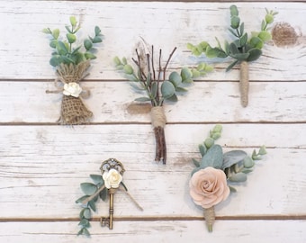 Eucalyptus Boutonniere | Rustic Wedding Greenery Boutonnieres | Boutonniere Key | Woodland Wedding Accessories | Burlap Groomsmen Lapel Pins
