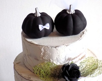 Black Pumpkin Wedding Cake Topper with Silver Stems | Halloween Goth Vampire Wedding Decorations