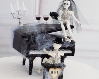 Gothic Romance Skeleton Cake Topper | Haunted Halloween Wedding Decor | Music Themed