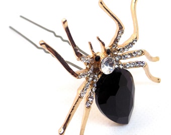 Spider Hair Pin | Rhinestone Hair Accessories | Gothic Wedding Hair Pins | Halloween Wedding Hair Clips | Black Gemstone Spider Hair Piece