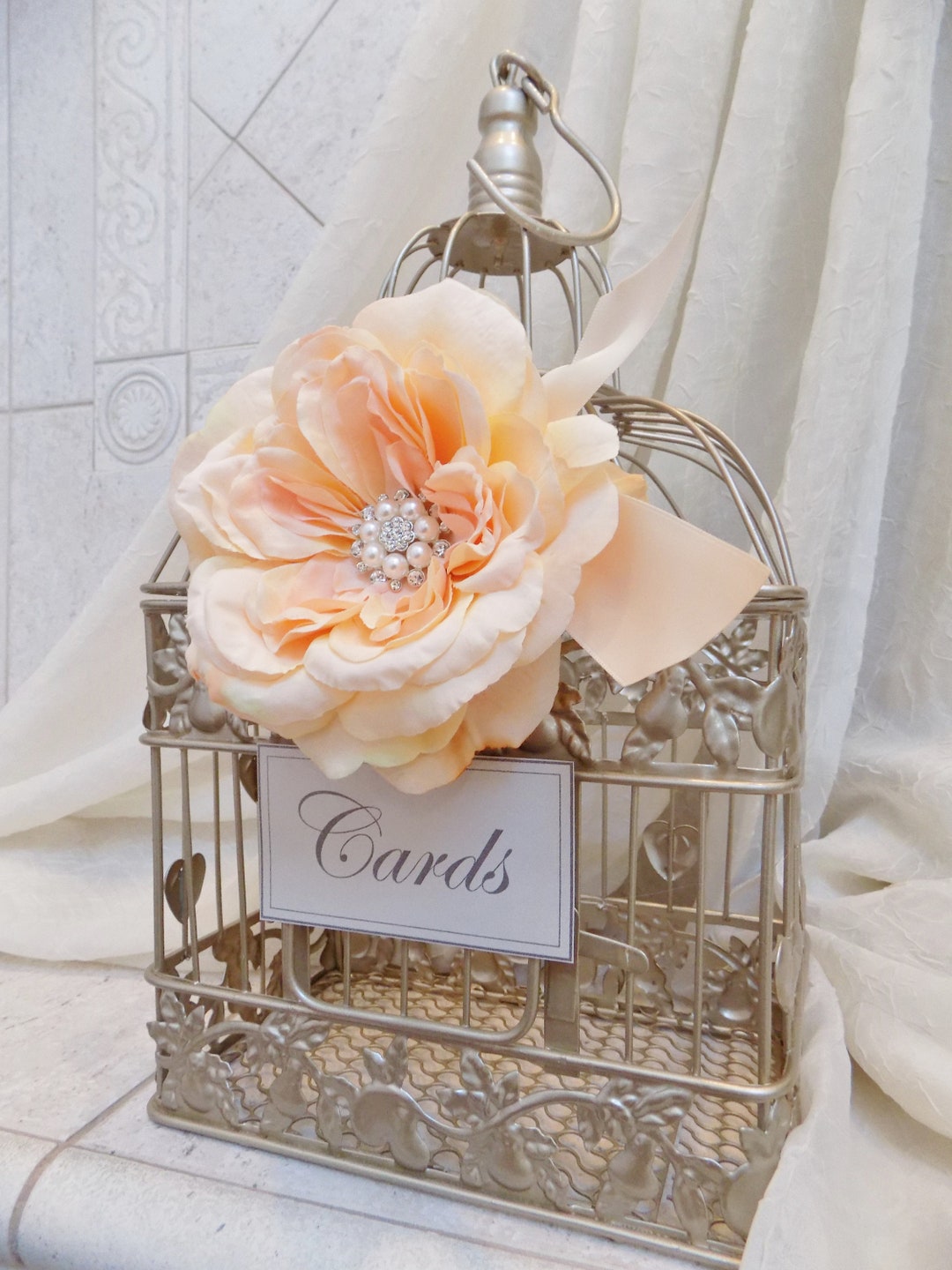 Champagne Gold Wedding Decoration Birdcage Card Holder Box With Peach ...