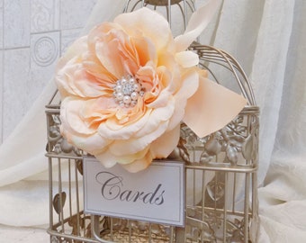 Champagne Gold Wedding Decoration Birdcage Card Holder Box with Peach Rose
