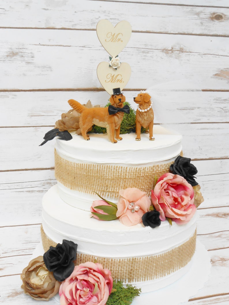 Golden Retriever Dog Couple Wedding Cake Topper Animal Cake Topper Family Pet Rustic Wedding Decor Dog Lover Backyard Wedding image 1