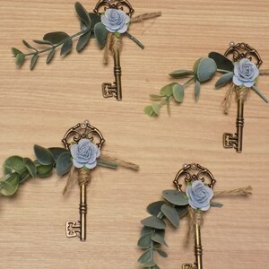 Skeleton Key Wedding Boutonniere Antique Victorian Style Wedding Accessories Eucalyptus and Rose Boutonniere Lapel Pins Groomsmen Gift image 4